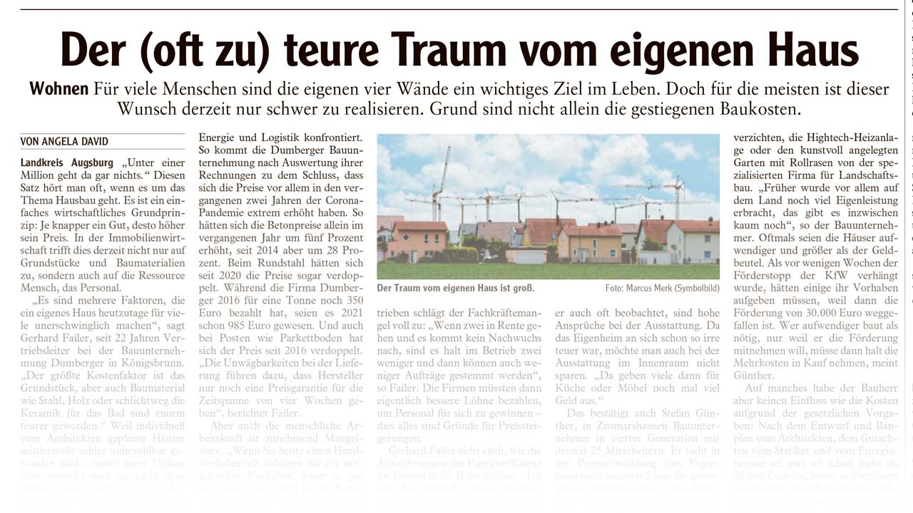 Der (oft zu) teure Traum vom eigenen Haus (Artikel Augsburger Allgemeine) - M. Dumberger Bauunternehmung GmbH & Co. KG